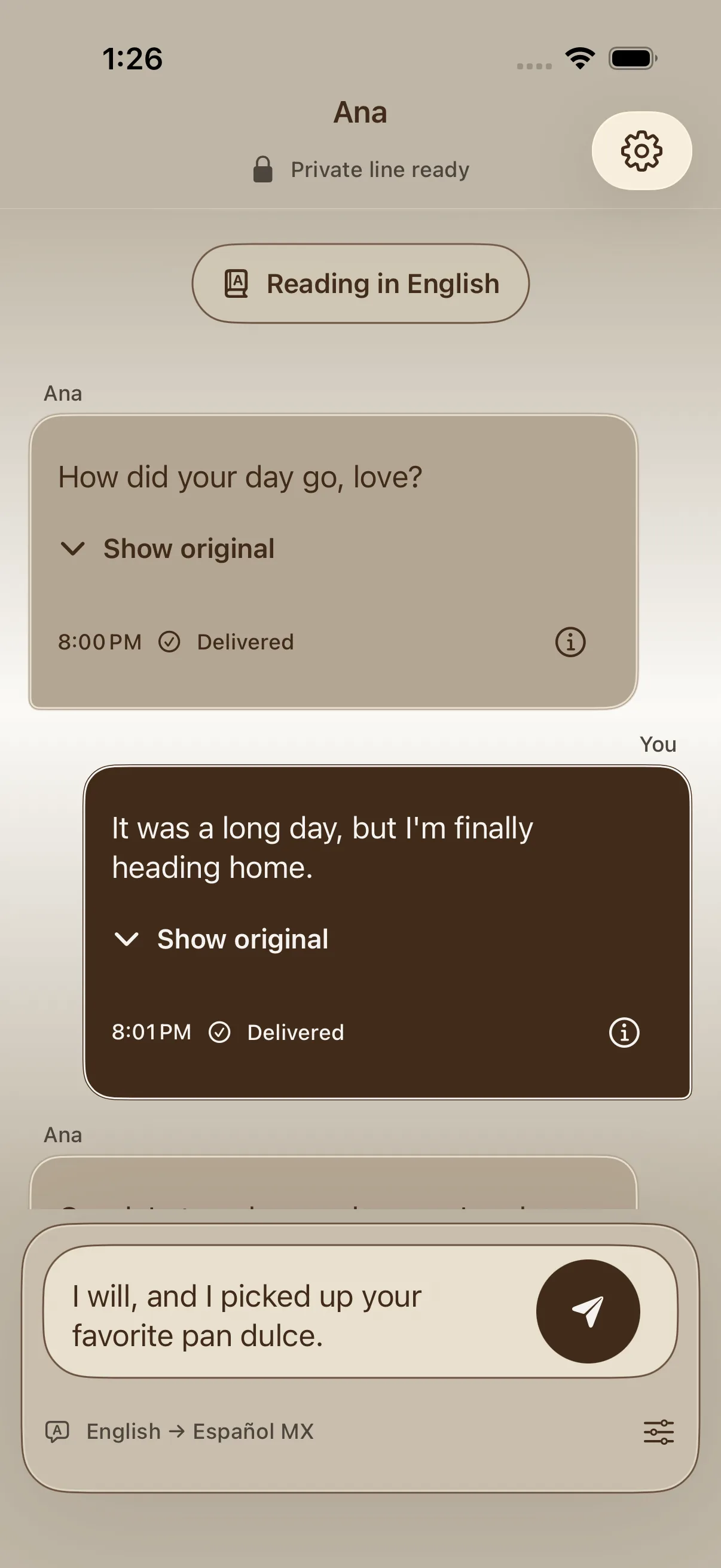 Sendido iPhone conversation with Ana, English shown first, original Spanish available, delivered status, and a private-line indicator.